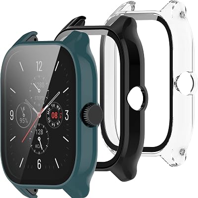 Watch Case Compatible with Amazfit GTS 4 Screen Protector,Hard PC Temper Glass Ultra-Thin Full Cover Anti-Scratch Bumper Protective Shell Protector Case Cover (Black+Green+Clear)
