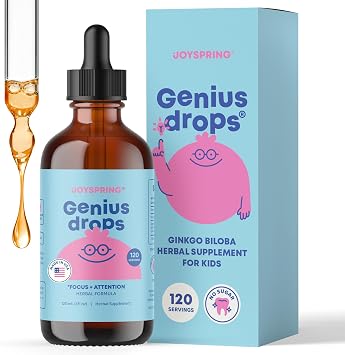 JoySpring Genius Drops - Organic Focus Drops for Kids | Clinically Proven Focus Supplement Helps Kids Perform Better in School | Liquid Herbal Supplement with Ginkgo Biloba | 120 Servings
