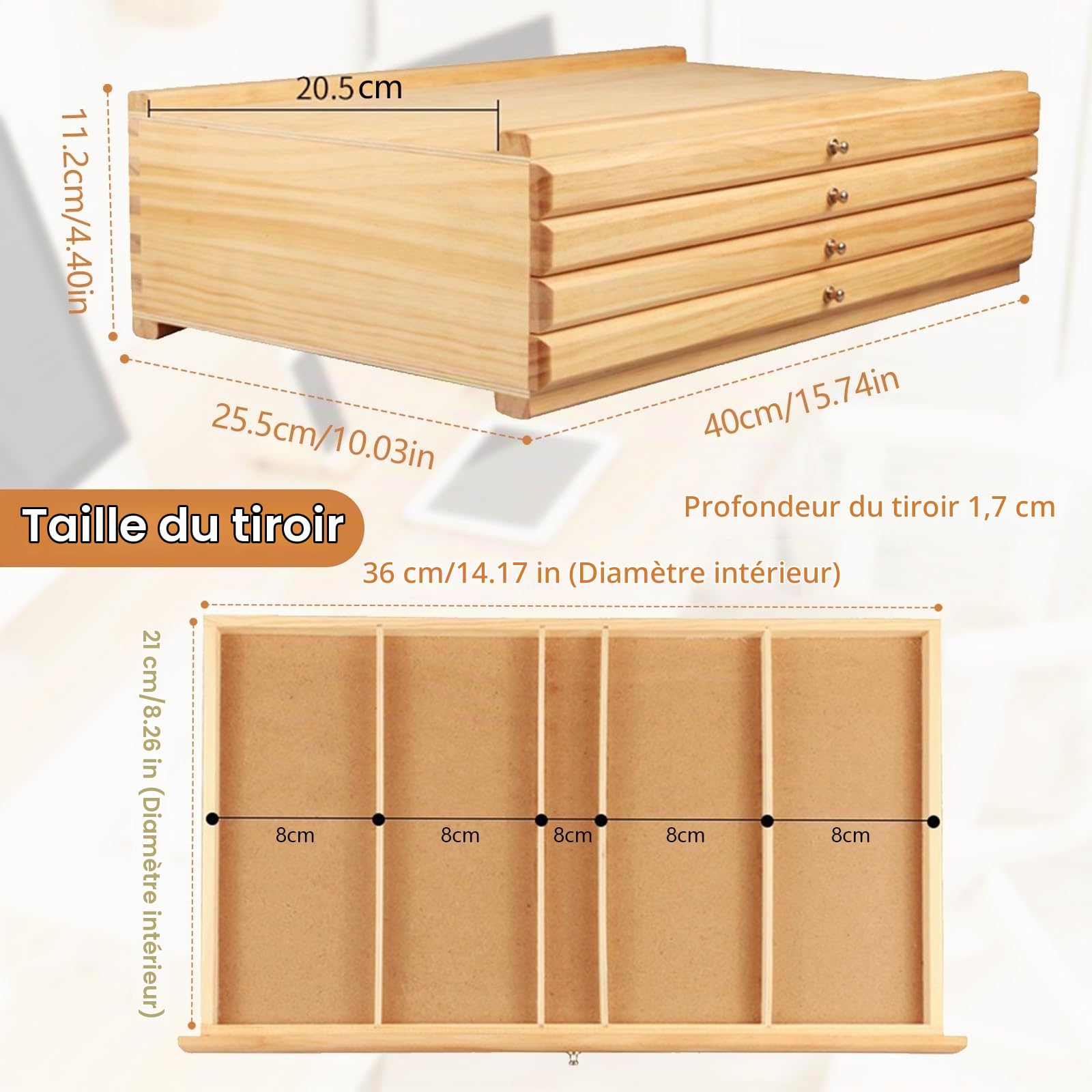 Boîte de Rangement Pour Pinceaux, Boîte de Rangement En Bois Pour Fournitures D'artiste Avec 4 Tiroirs Amovibles, Caja de Almacenamiento de Arte de Pino Premium Pour Crayons, Stylos, Pinceaux