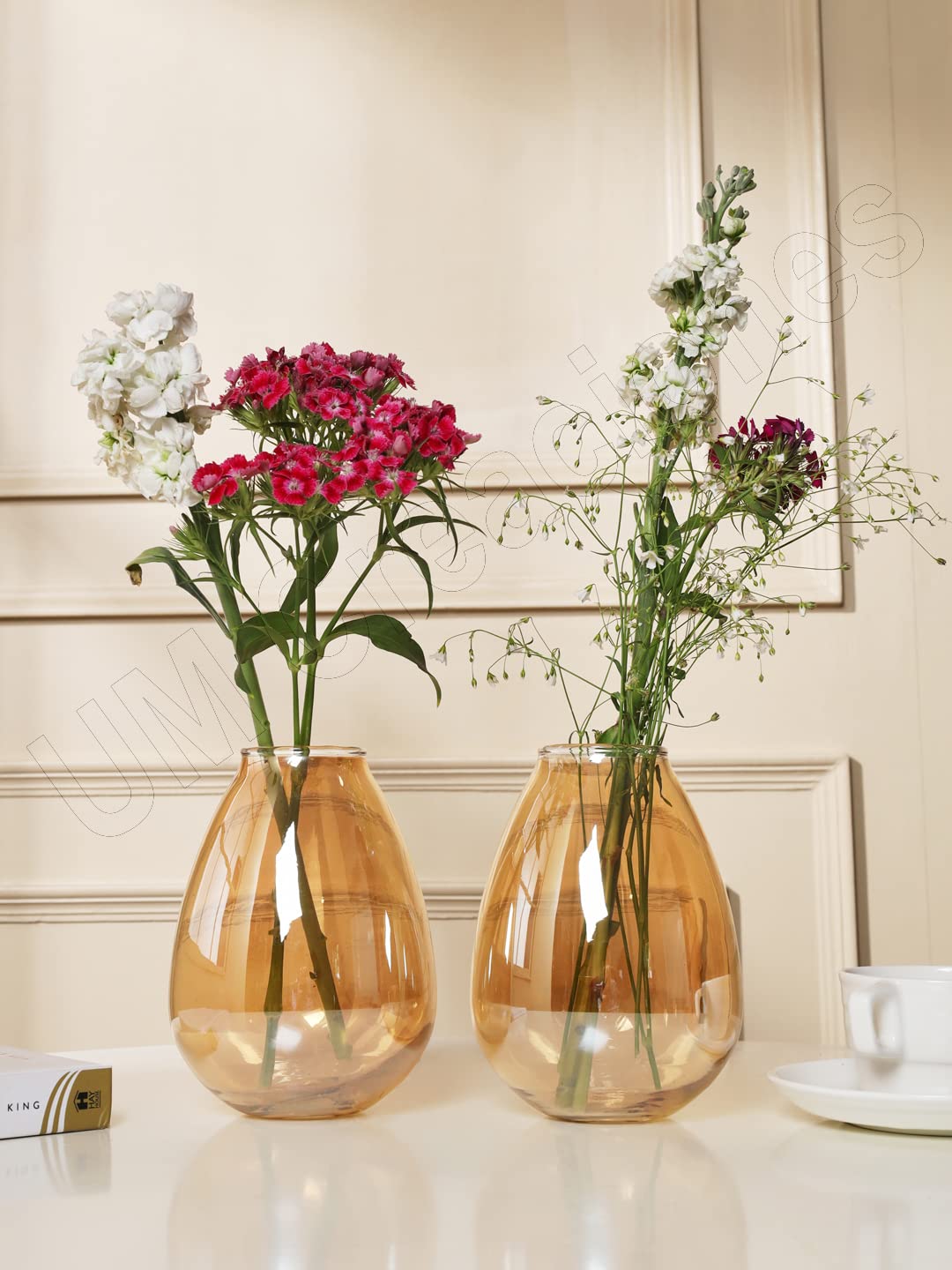 UM Creaciones Flowerdrop Shape Vase Amber/Perfect for Wedding & Home/Decorative Vase for Home Decor Living Room Office and Place Settings (Set of 2)