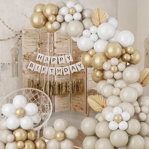 Miniatura 3 de Domgoge Globos de doble relleno color blanco arena, Graland, 112 piezas de globos color nude, kit de arco de globos cromados metálicos dorados,