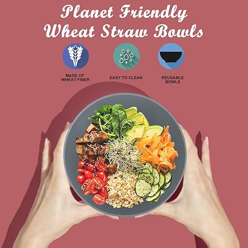 Miniatura 5 de Juego de 6 cuencos de paja de trigo, cuencos irrompibles de 50 onzas, aptos para microondas y lavavajillas, juegos de cuencos súper grandes, sin