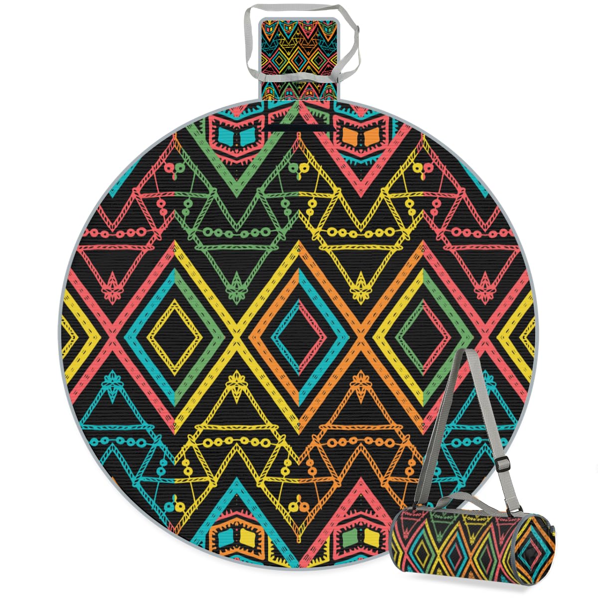 Shimoshe Colorful Aztec Geometric Pattern Picnic Outdoor Blanket Foldable Waterproof Sandproof Beach Blanket Portable Water-Resistant Round Picnic Mat for Travel Camping Park Lawn