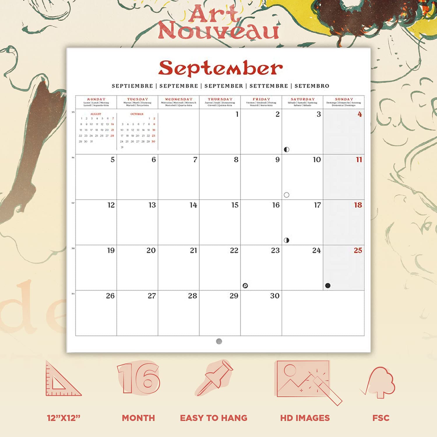 Official Art Nouveau 2022 Wall Calendar, 2022 Calendar, 12" x 12