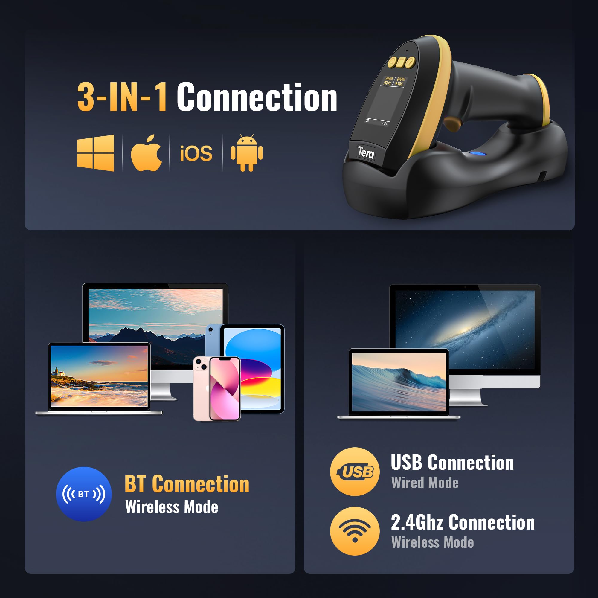 Tera Lecteur de codes-barres 2D sans fil : avec écran de réglage numérique et clavier, fonctionne avec Bluetooth et sans fil 2,4 G et USB filaire 1D 2D QR Lecteur de codes-barres portable avec support