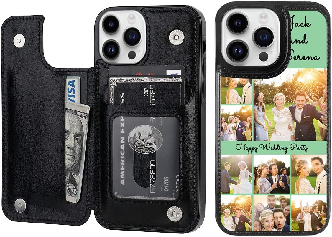 Personalized Photo Wallet Phone Case for iPhone 15 Pro Max,Custom Multi-Picture Text PU Leather Flip Case with Card Slots Double Magnetic Clasp Kickstand Shockproof Cover Customized Gift Black P