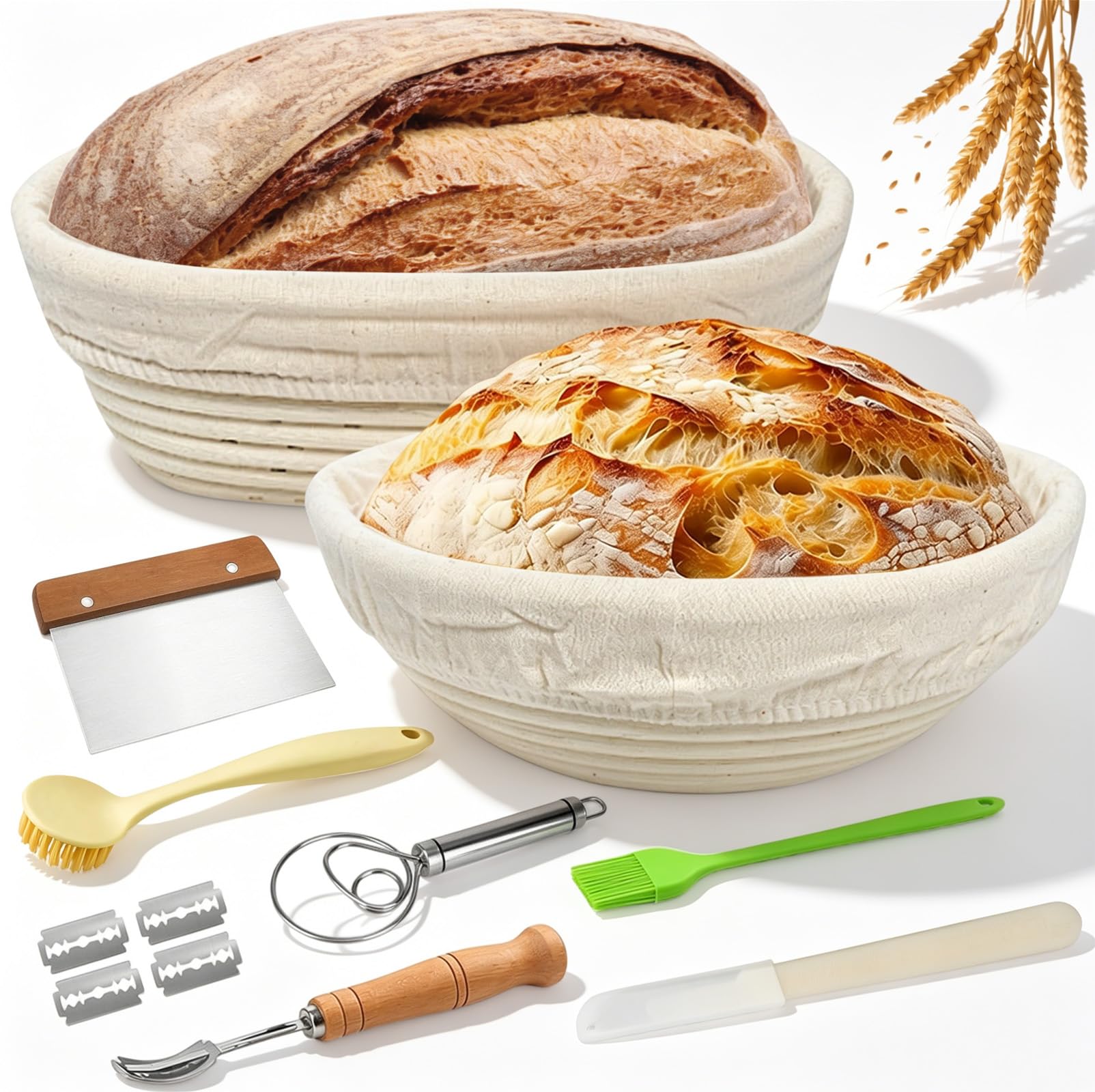10 Pezzi Cestino Lievitazione Pane Rattan con Accessori Cottura, Banneton Ovale 25 cm e Rotondo 23 cm, Kit Completo Lievito, Cestini Lievitaziona Pane,Cesto Fermentazione per Principianti e Panettieri