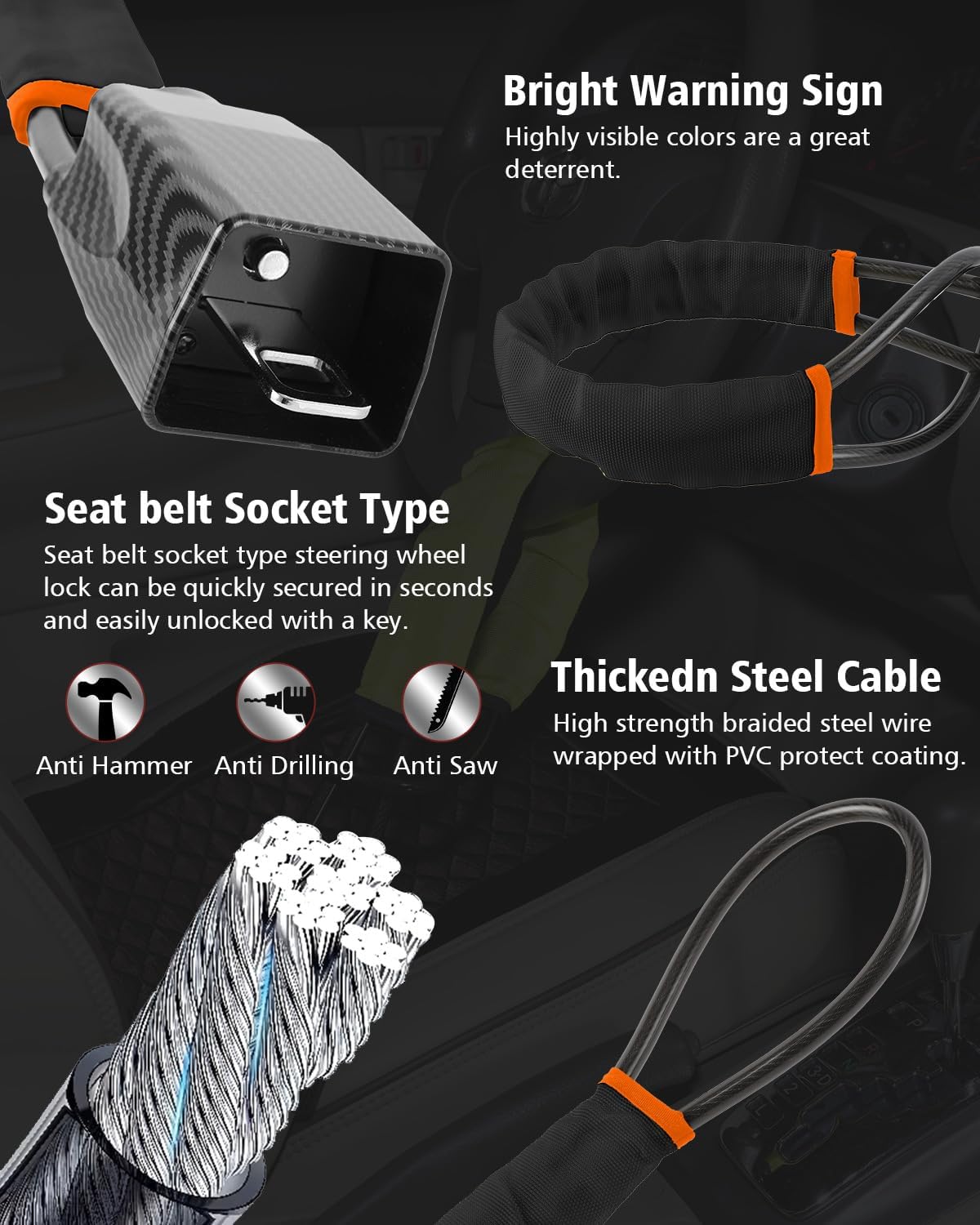 2026 Upgraded Steering Wheel Lock, Seatbelt Lock, Universal Anti-Theft Device, Car Lock, Anti-Theft Device with 3 Keys (Black)