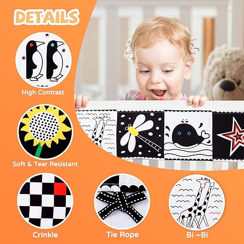 Miniatura 2 de Libro de alto contraste en blanco y negro, juguetes para bebés de 0 a 6 meses, libro de tela para bebé, juguetes para el tiempo boca abajo, juguetes