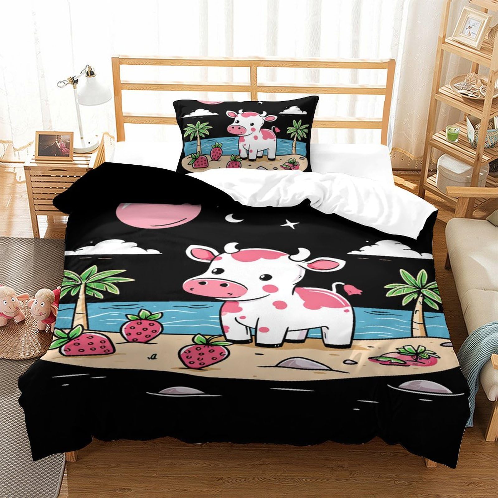 Parure de lit vache 3D respirante et parure housse de couette single en microfibre super douce