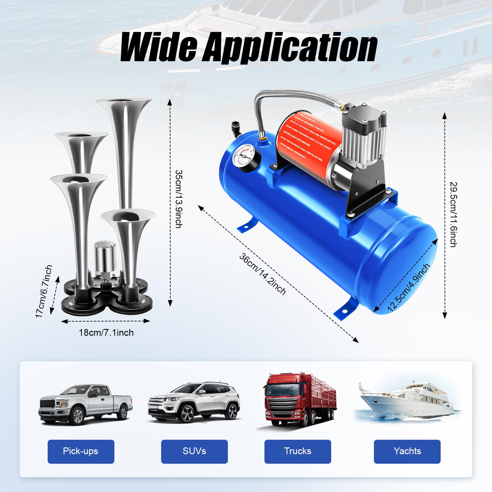 Compressore d'aria da 150 dB, 12 V, 4 Trumpet Train Air Horn Kit e compressore d'aria da 150 PSI con serbatoio da 6 l, per auto, camion, treno, furgoni, barche, blu
