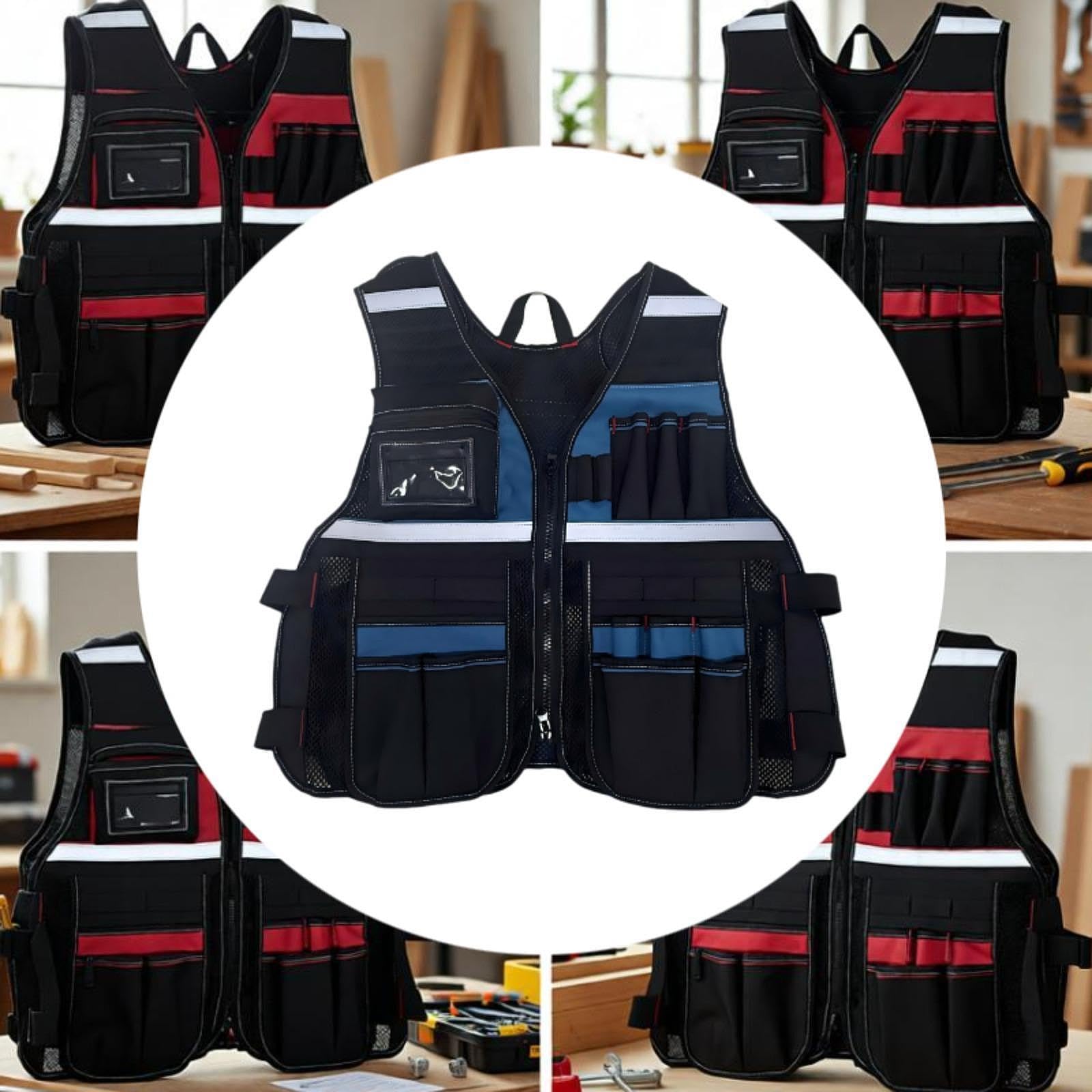 MagiDeal Chaleco de herramientas de trabajo, práctico, multifuncional, cómodo, para electricistas y carpinteros, bolsa de herramientas para trabajadores al, Azul Y Negro