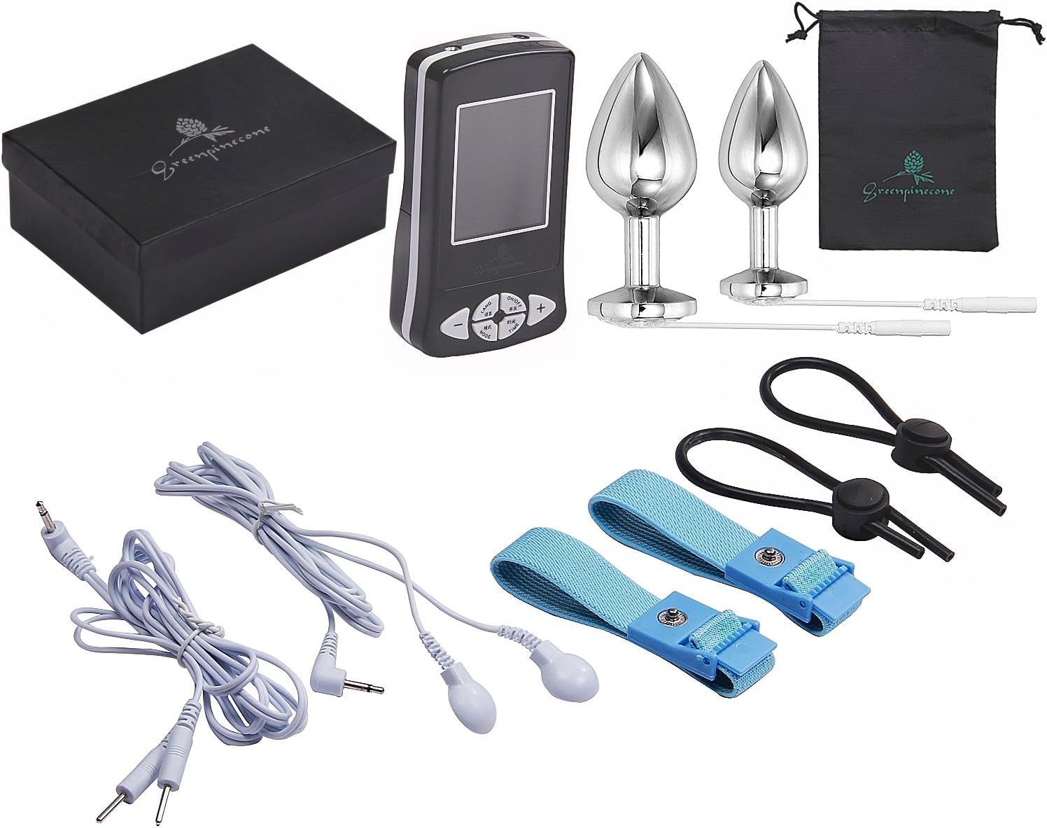Set con coppia di eleganti plug anali elettrici da 32 mm e 25 mm, sex toy per elettrostimolazione, con 2 cock ring