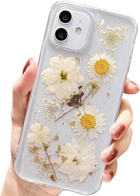 AMART for iPhone 12 Mini Case Flowers, Clear Cute Glitter Pressed Dried Flower Design Case Transparent Soft Slim TPU Floral Women Girls Protective Phone Cover for iPhone 12 Mini(Elegant White)