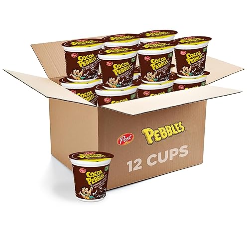Cocoa PEBBLES Chocolatey Cereal, Gluten Free Rice Crunch, To-Go Snack, 2.0 OZ Individual Cereal Cup (Pack of 12)
