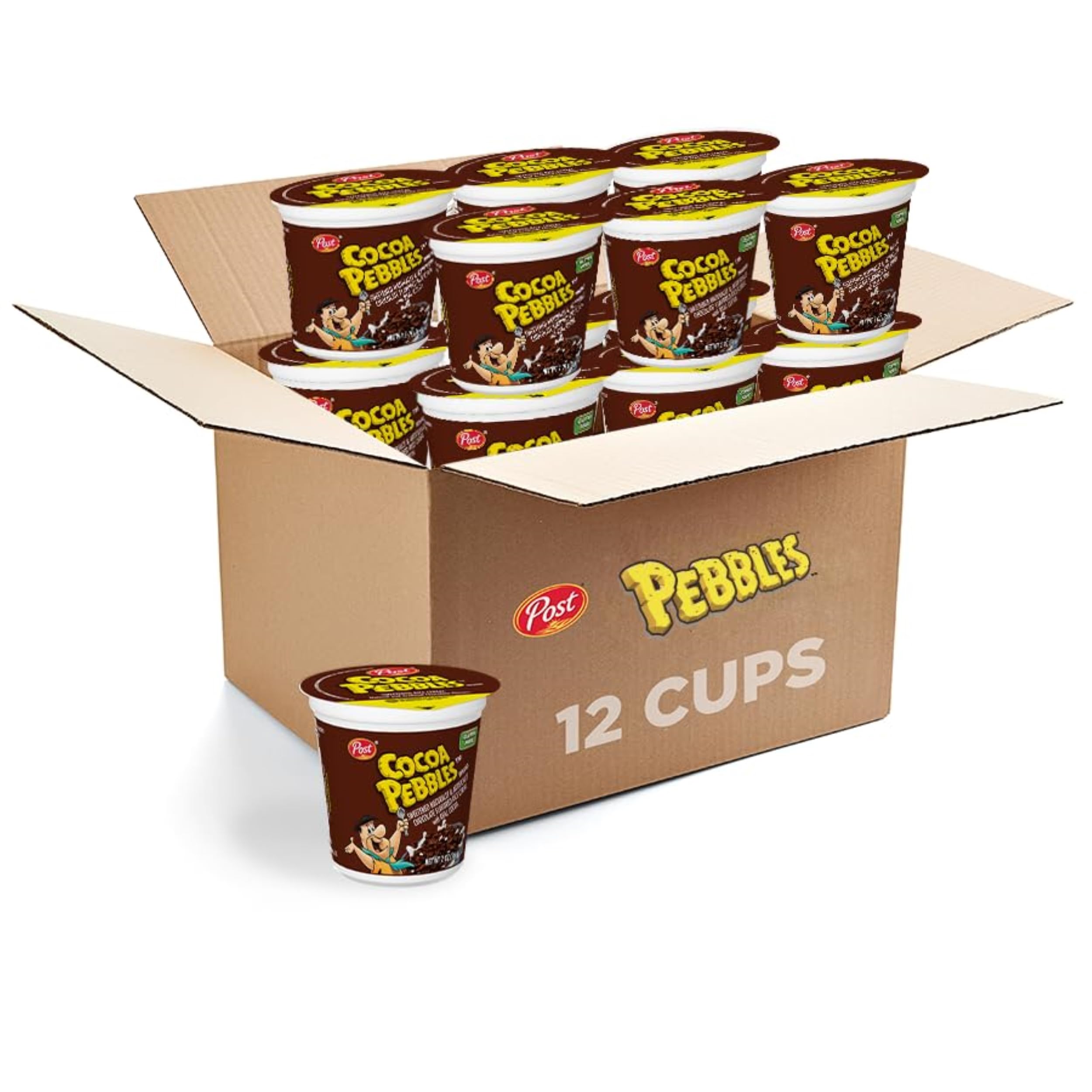 Cocoa PEBBLES Chocolate Breakfast Cereal for Kids, Gluten Free, Made with Sweetened Puffed Rice, On-the-Go Snack, 2 oz Individual Cup (Pack of 12)