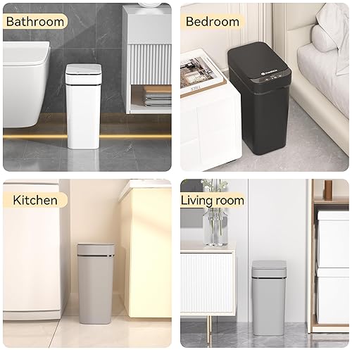 Miniatura 7 de Paquete de 3 cubos de basura de baño de 2.6 galones pequeños sin contacto automático con sensor de movimiento, cubos de basura delgados e