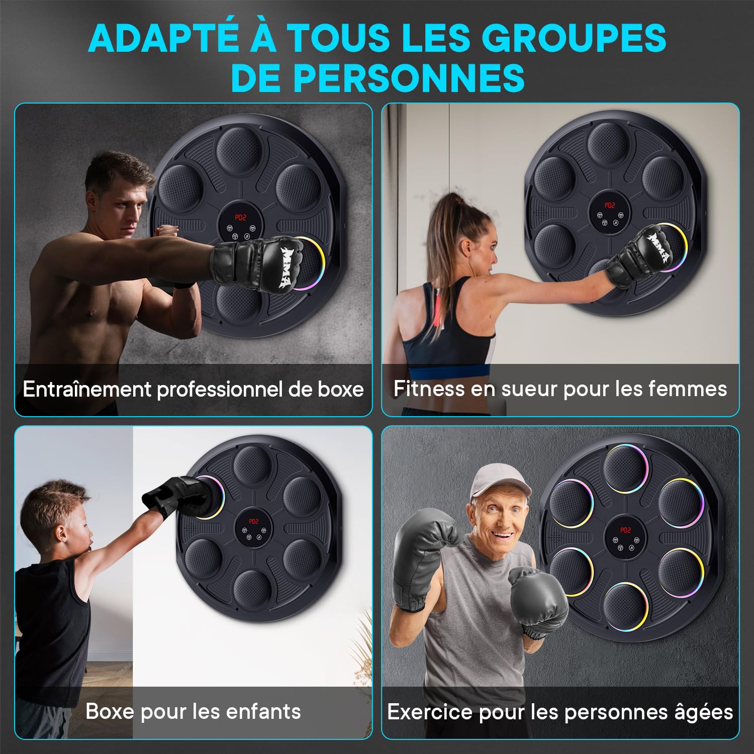 Machine de Boxe Musicale - Boîte Murale Musique, 12 Modes de Vitesse et LumièRe & Bluetooth, Gants MMA Inclus, Salle de Sport à Domicile pour Adulte et Enfant - Fitness, Loisir Familial