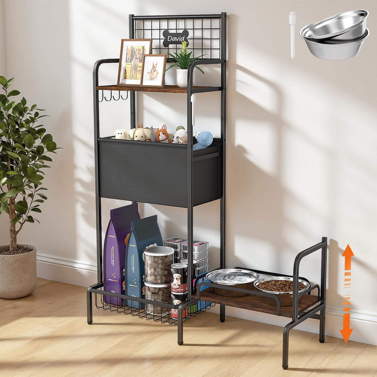 Elevated Dog Bowl Stand, Adjustable Raised Dog Stand, Pet Feeding Station Cabinet with Storage Organizer, Large Toy Bin Basket, Lifted Food and Water Bowl Holder for Large Medium Small Breed