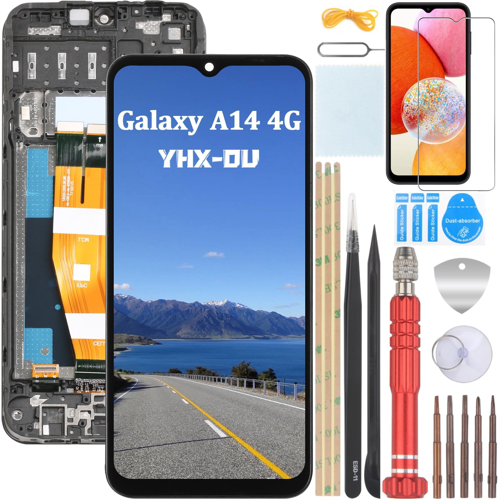 6.6 Inch Black + Frame LCD Display for Samsung Galaxy A14 4G SM-A145P SM-A145R SM-A145RZSUEUB LCD Display Touch Screen Replacement Screen Glass Assembly with Tools + 1 x Screen Protector