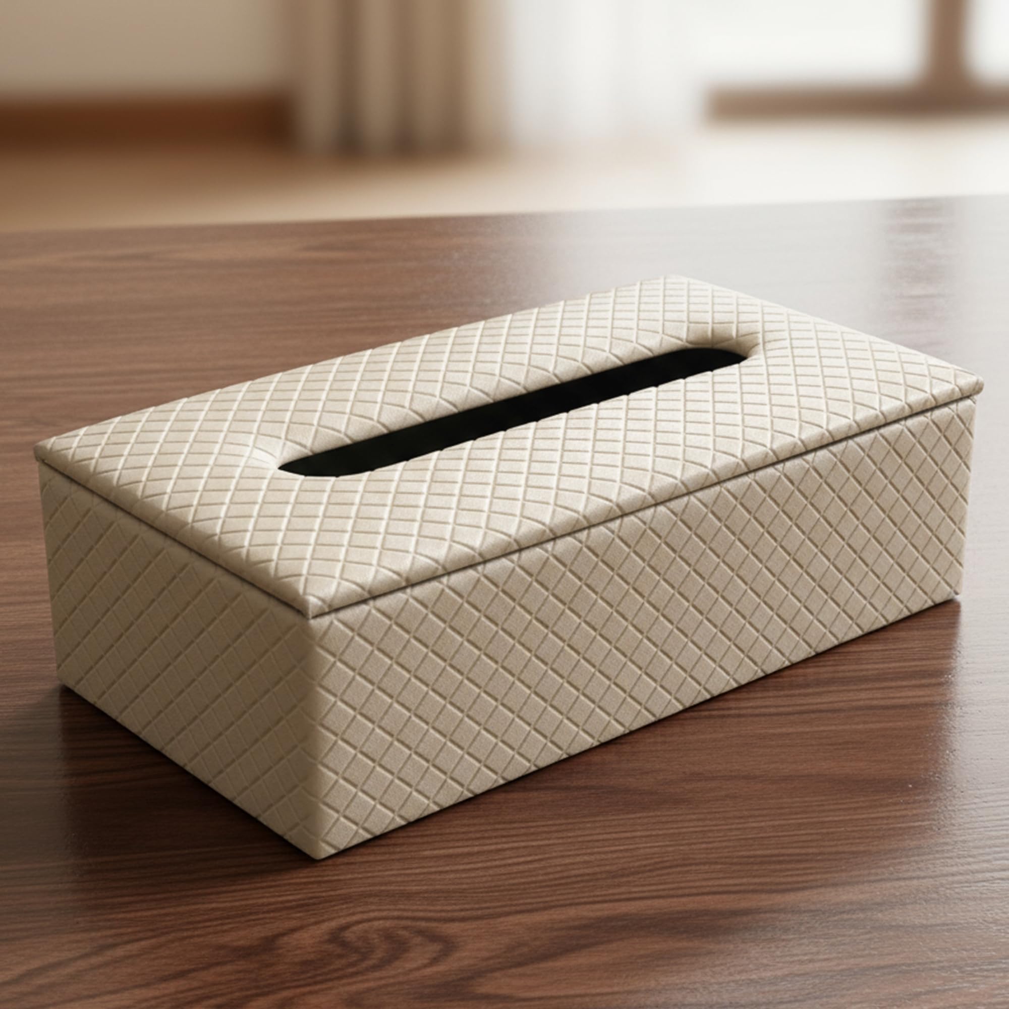 Encasa XO Leather Tissue Paper Holder Box | Rectangular Tissue Paper Dispenser with Magnetic Lid for Home, Office Desk Napkin Holder, Dining Table & Car Dashboard | Cream - 9"x5"x2.5" (Pack of 1)-image-3