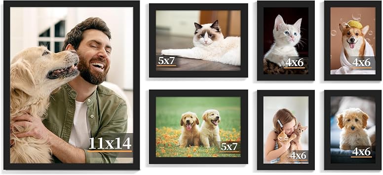 PEALSN 7 Pack Collage Picture Frames, Gallery Wall Frame Set with One 11x14, Two 5x7, and Four 4x6, Multiple Photo Frames for Wall Gallery Decor, Black
