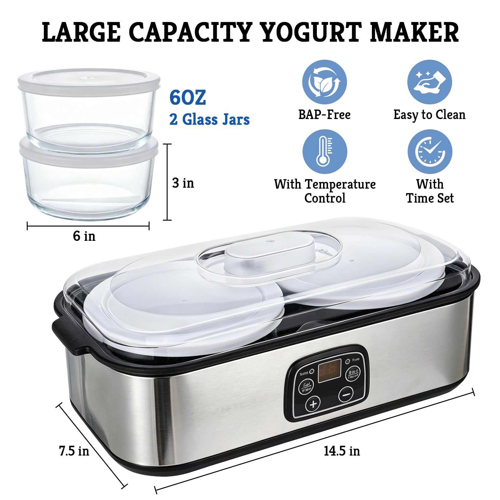 Yogurtera de 2 litros, máquina de yogur con 2 recipientes de cristal | 1000 ml, temperatura ajustable 20 – 55 °C, temporizador 48 H, máquina automática para yogur, productos lácteos, queso