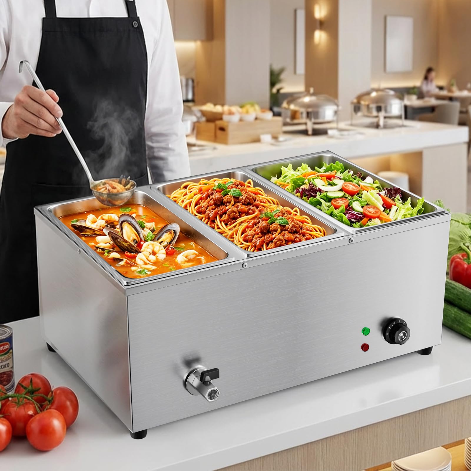 TAIMIKO Bain Marie électrique en Acier Inoxydable 220V Chauffe-Plats Professionnel Commercial avec 3 Bacs Casseroles avec Robinet de vidange Contrôle de la température