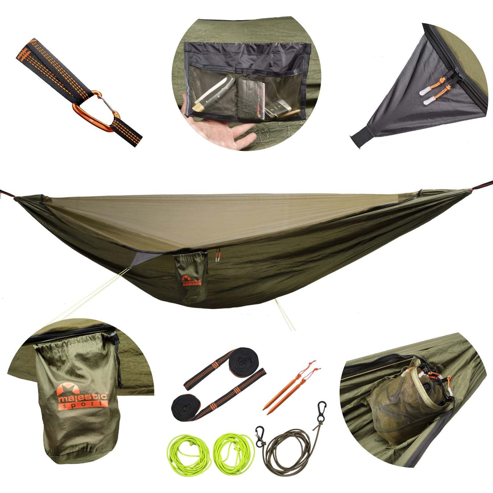 Hamaca con mosquitera, ligera y portátil, para excursiones en las montañas en el bosque, fácil montaje, camping, playa, senderismo, hamaca, exterior, 330 x 150 cm, 300 kg, color verde