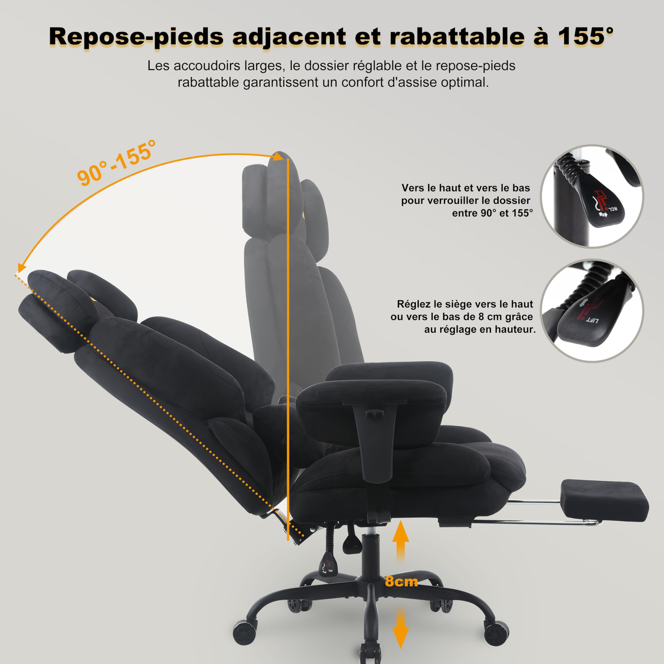 Symino Chaise Gaming Ergonomique Fauteuil avec Repose-Pieds - Siège en Imitation Daim Noir - Réglable Hauteur et Accoudoirs - Capacité 130kg