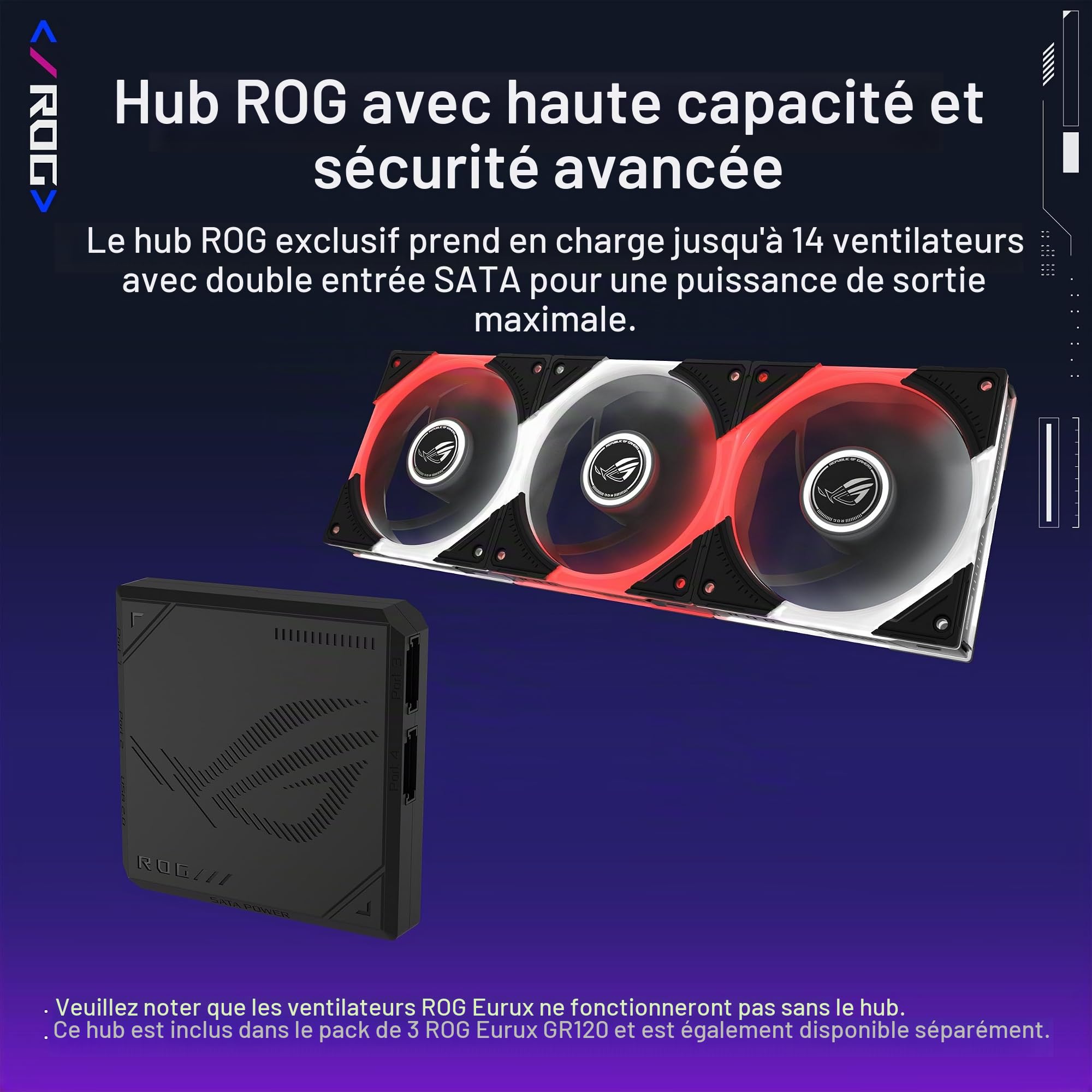 ASUS ROG Eurux GR120 ARGB PWM Lot de 3 ventilateurs PWM de 120 mm, 2600 tr/min, chaîne en marguerite brevetée, éclairage personnalisé, moyeu de ventilateur