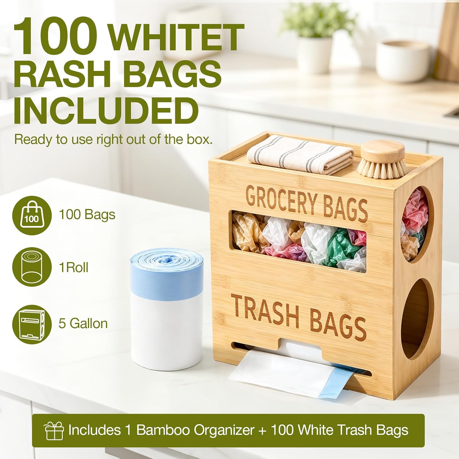 Bamboo Trash Bag Dispenser & Dual Grocery Bag Holder with Top Tray