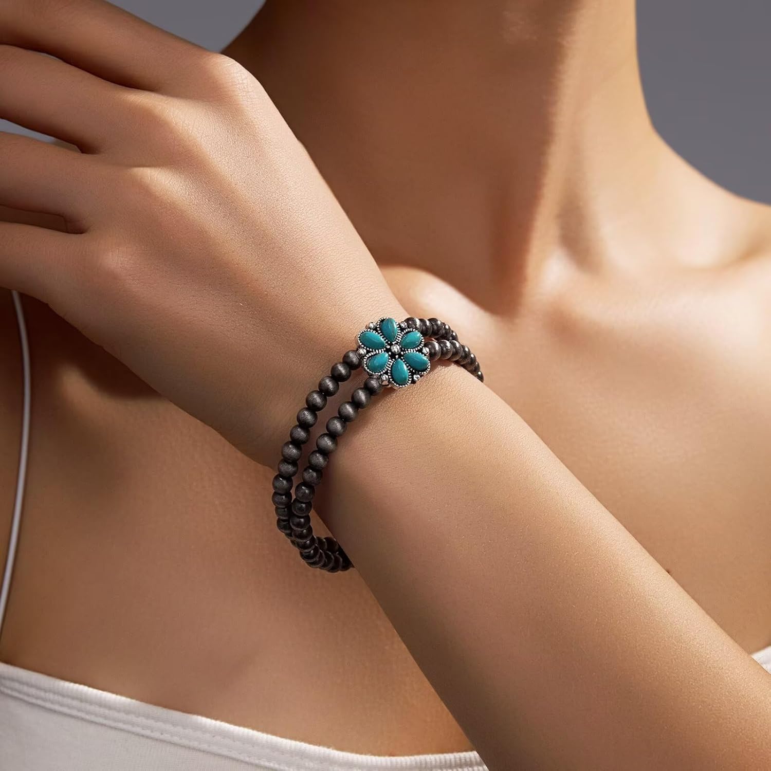 Blue Drop Navajo Pearl Bracelet for Women Boho Beaded Western Cowgirl Cowboy Flower Turquoise Bracelets Western Vintage Ethnic Jewelry - Image 2