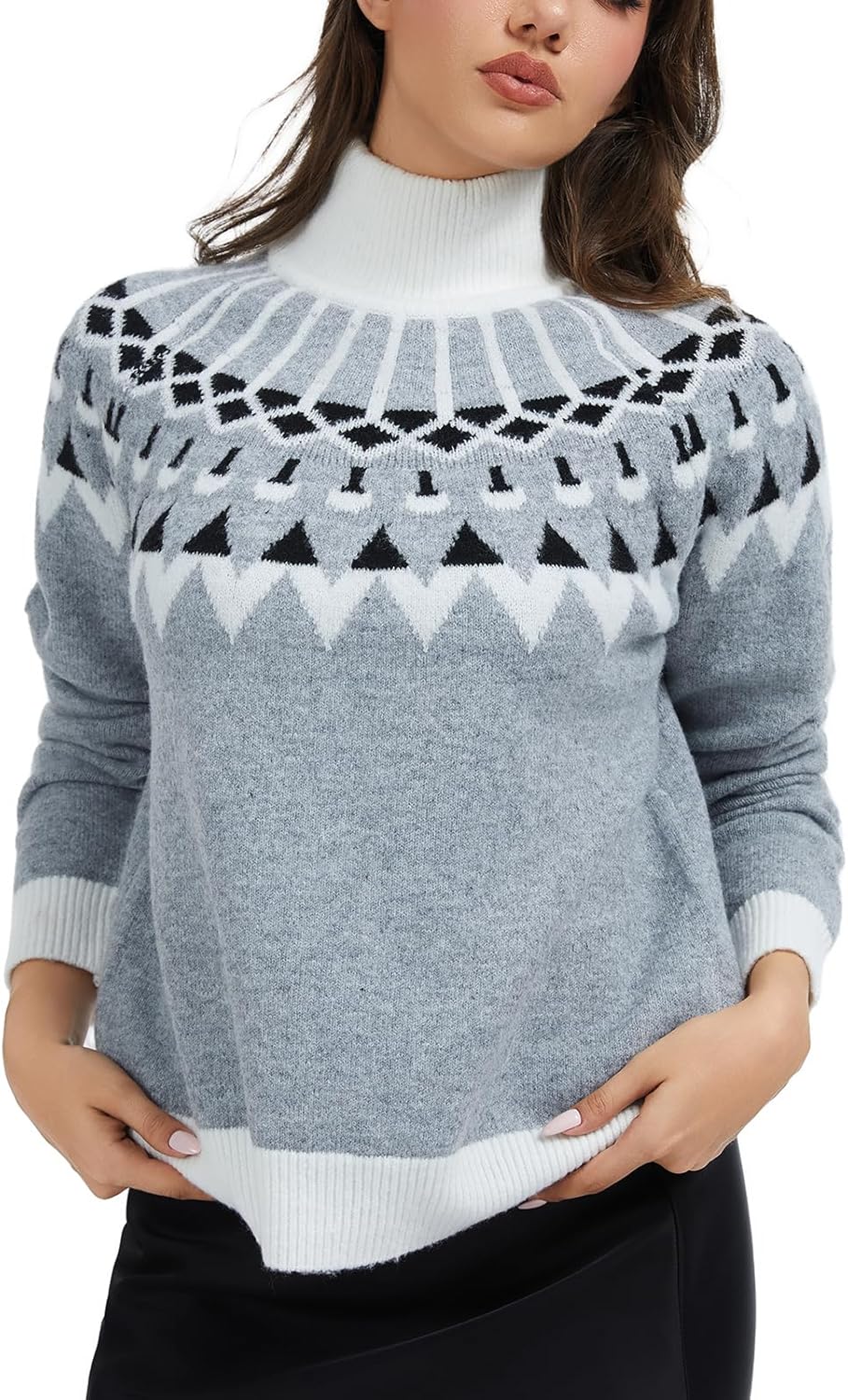 Womens Lightweight Vintage Fair Isle Sweater Long Sleeve Turtleneck Knitted Pullover Tops
