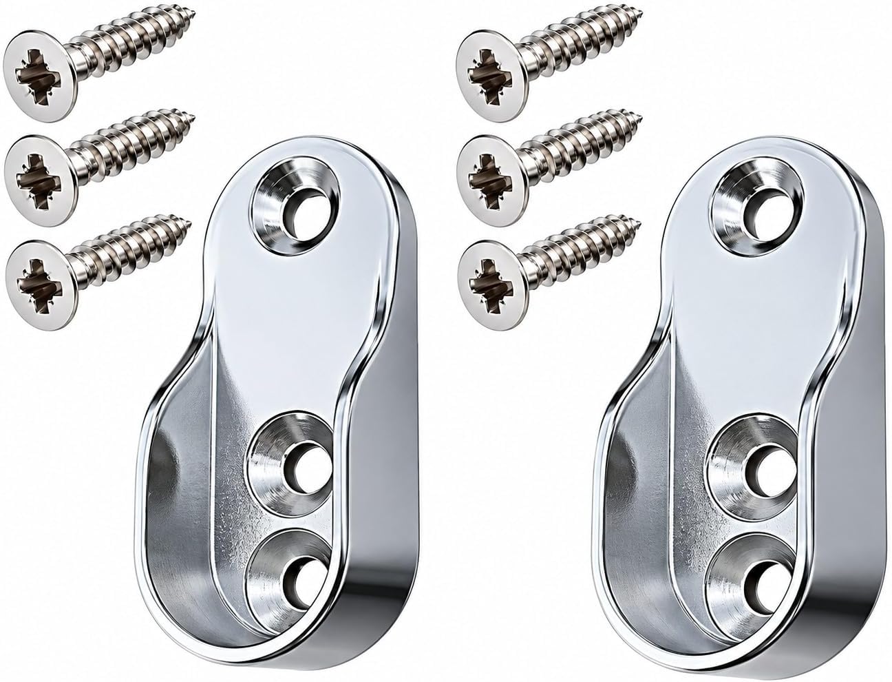 2 x Oval Wardrobe Rail Ends Supports Rail Brackets 15mm Wide Nickel Plated Silver with Screws