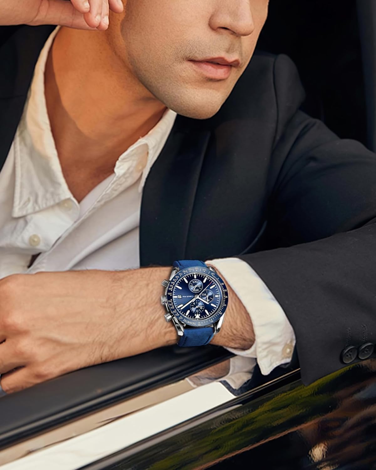 Men's Leather Band Chronograph Watch - 30M Waterproof Big Face Analog Quartz Date - Work Sport Casual Classical Fashion Designer Dress Wrist Watch - Elegant Gift for Men - Image 2