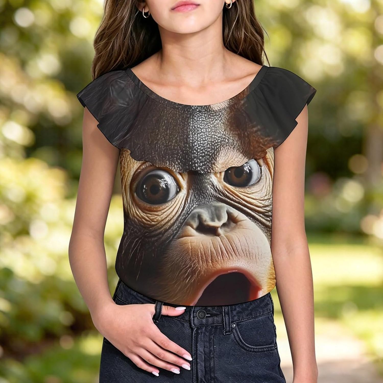 Orangutans Monkeys Big Face Girls T-Shirts Top Ruffle Short Sleeve Blouse Casual Graphic Tees