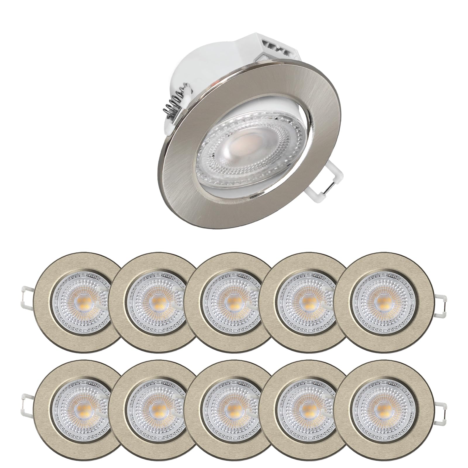 paul russells LED Recessed Tilt Downlight, 4.8W 500LM, Warm/Cool/Day White 3 Adjustable CCT, IP44, Round (Not Dimmable) Spotlight for Kitchen, Living & Bathroom Ceiling lights, 10-Packs (Brush Nickel)