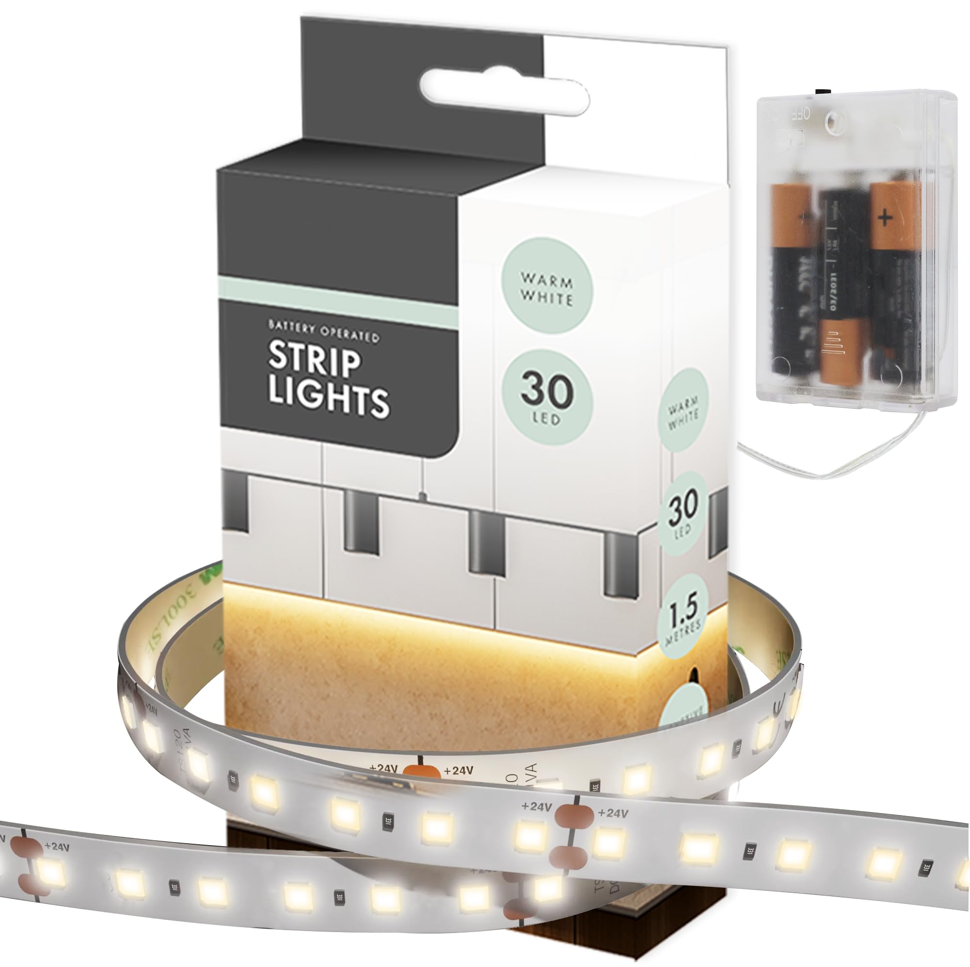 1.5m AA Battery Operated Indoor Warm White LED Strip Lights, Ideal for Under Shelf Lighting, Cupboards, Wardrobes, Behind TV, Above Mirror, Cars, Motorhomes, Caravans, Lounge, Kids Bedroom