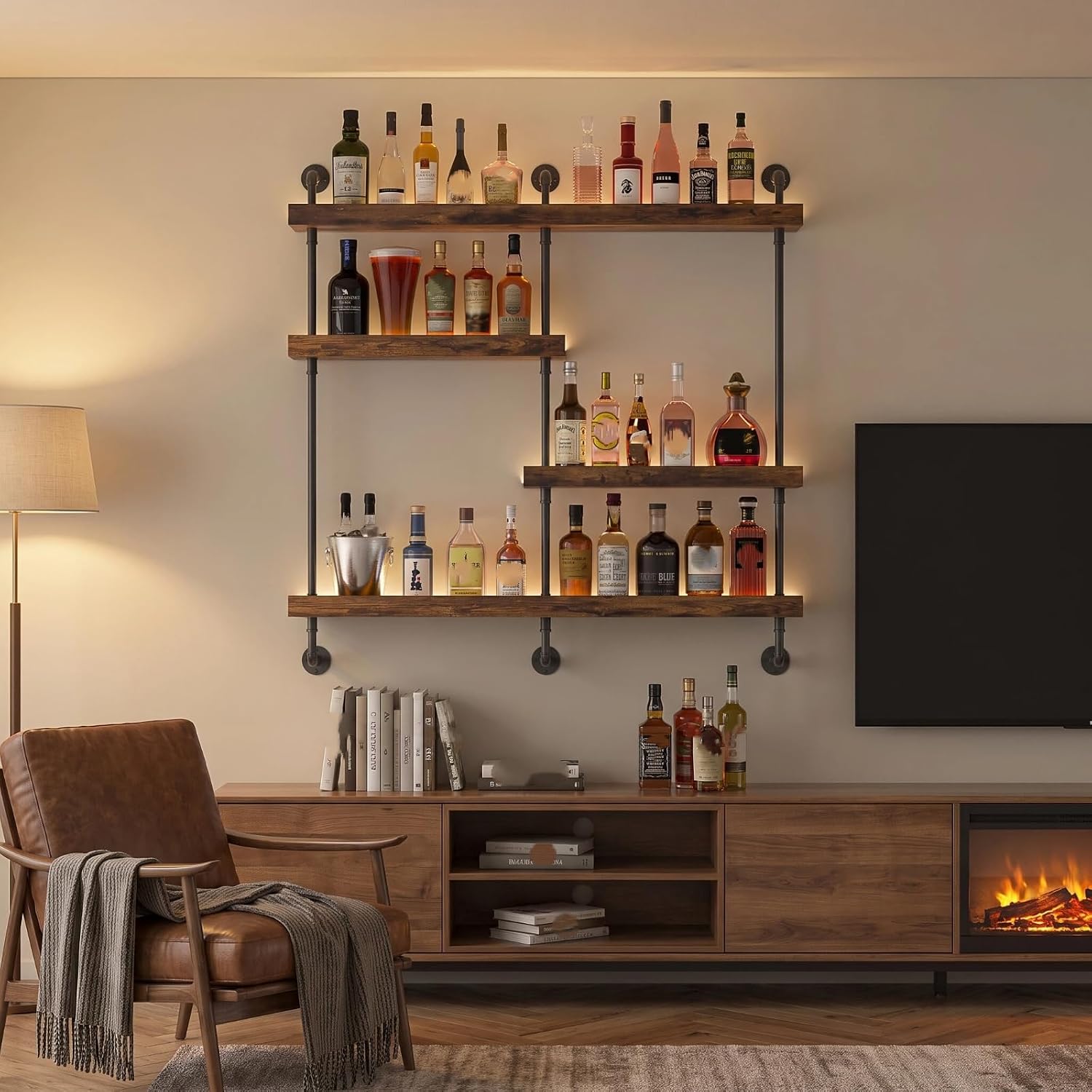 4-Tier Wall Mounted Wine Rack with LED Lights; 39.8" W