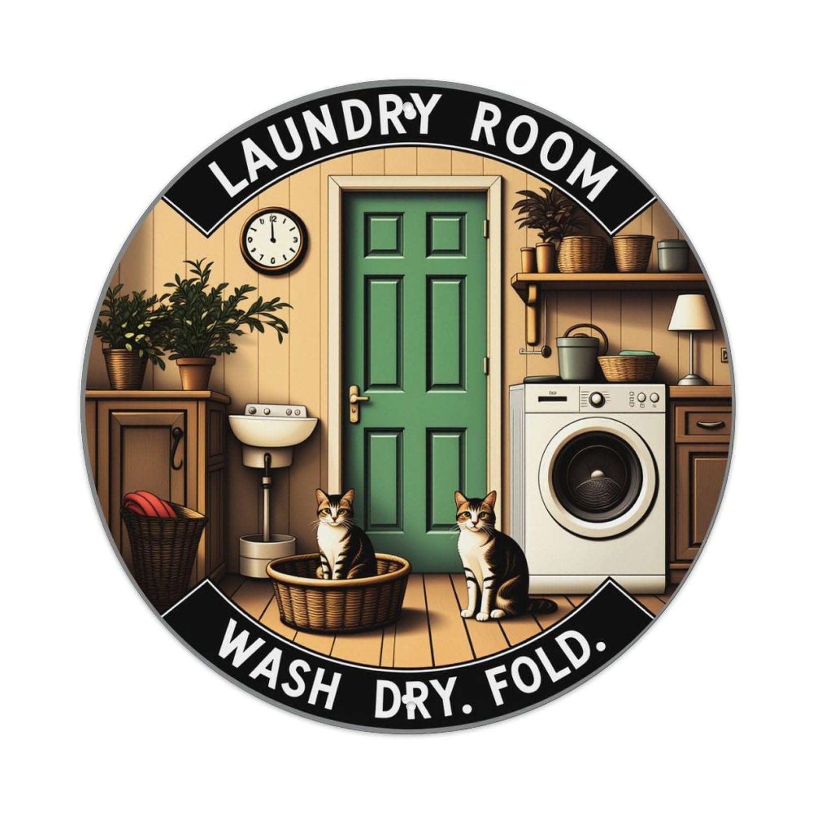 Laundry Room Cats Washing Machine Sink Door Plants Clock Round Vintage Tin Sign,Retro Wall Art,Metal Poster for Home, Bar, Garage, Cafe, Rustic Indoor & Outdoor Decor, 8x8 Inches