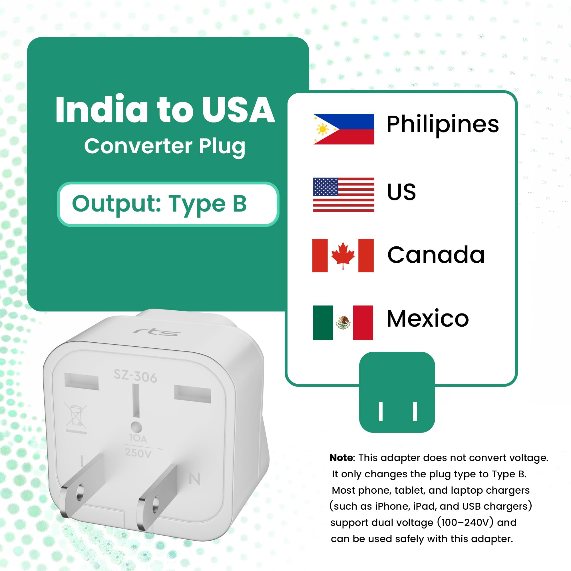 rts India US Converter Plug, India to USA, Canada & More - Type B Universal Travel Adapter Plug Compatible India to Canada, US, Japan, Australia, Jamaica, Mexico, Thailand, China (White) (2 Pin) — Amazon image 5