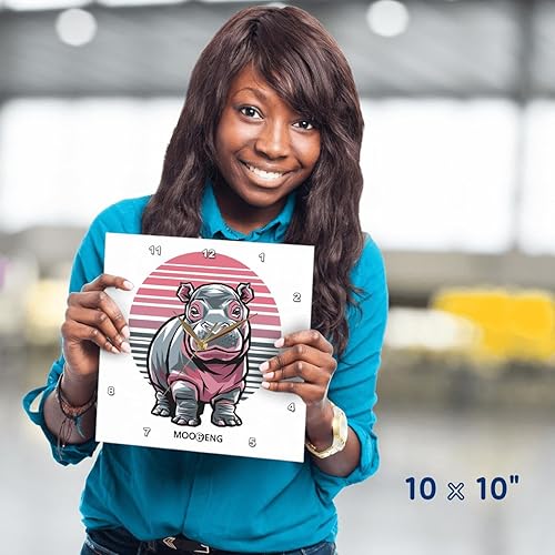 Miniatura 4 de 3dRose, Divertido lindo Moo Deng Baby Pigmeo Hipopótamo y Retro Sunrise, 10x10 Reloj de pared