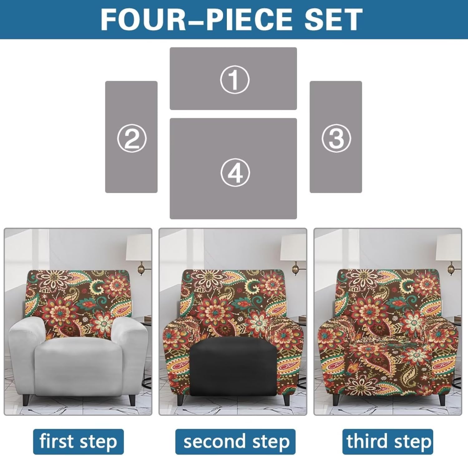 Xoenoiee Bohemian Mandala Paisley Flower 4 Piece Recliner Chair Cover Stretch Lazy Boy Chair Covers with Pockets Soft Reclining Sofa Slipcovers Furniture Protector with Elastic Bottom