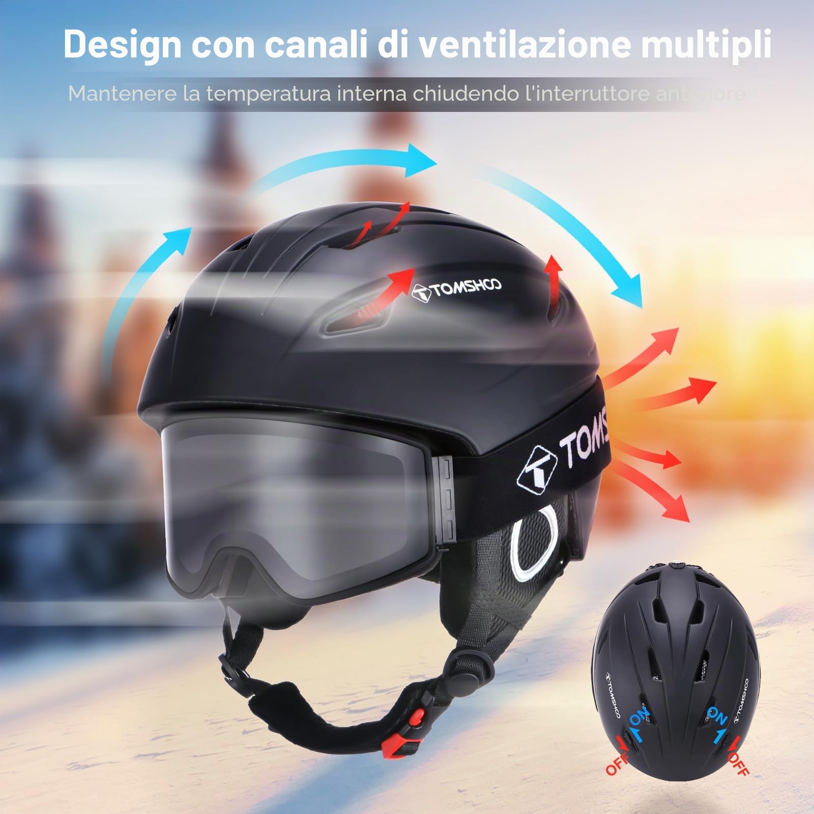 TOMSHOO Set di Casco da Sci, Snowboard, con Occhiali da Sci, para Orecchie, Aperture di Ventilazione, Fodera Rimovibile, Regolabile Casco da Snowboard e Goggle, per Uomo e Donna Unisex