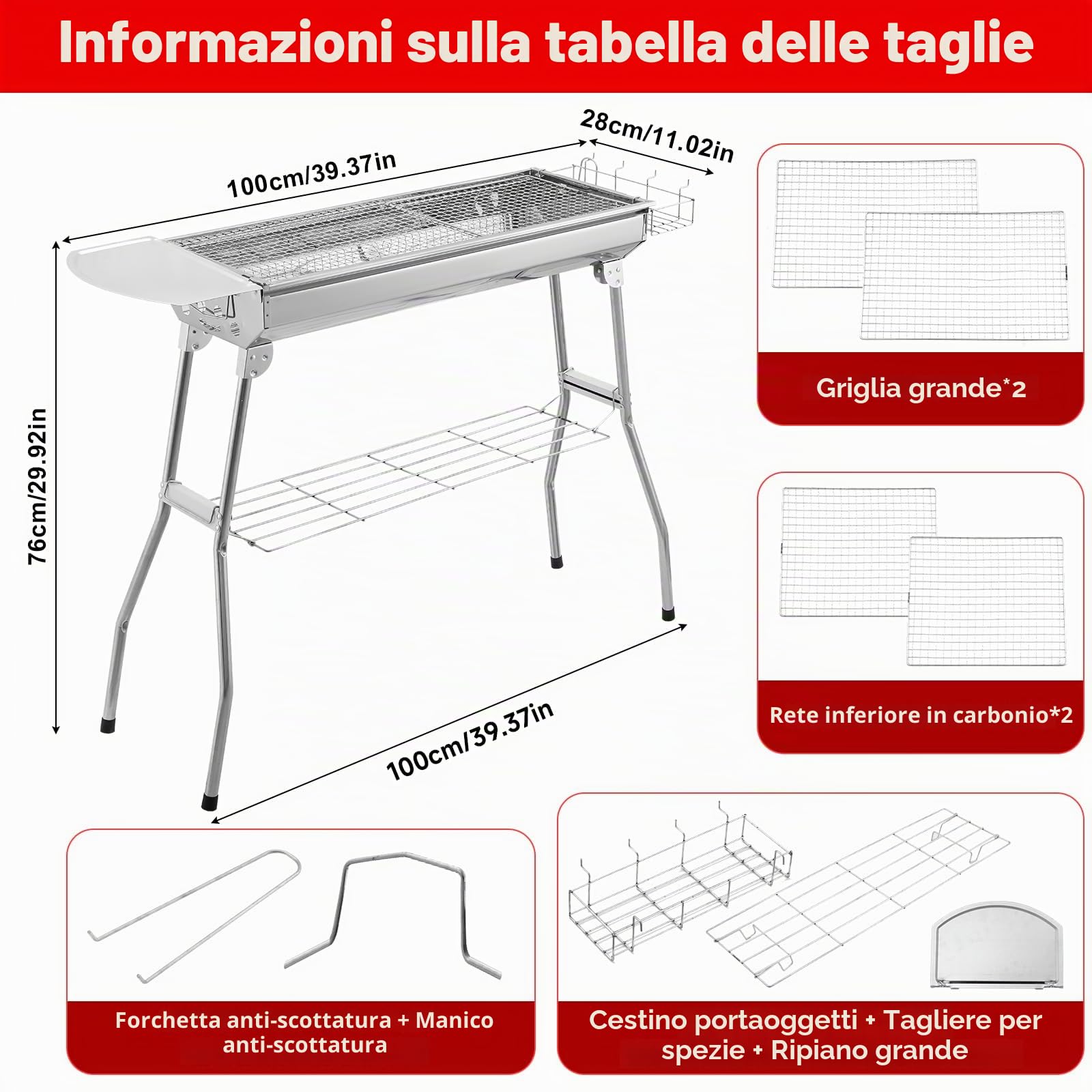 Barbecue a carbonella XXL, Barbecue portatile a carbone, Griglia pieghevole in acciaio inox, Barbecue a carbone per esterni con tagliere per spezie, cestino portaoggetti, barbecue pieghevole da tavolo