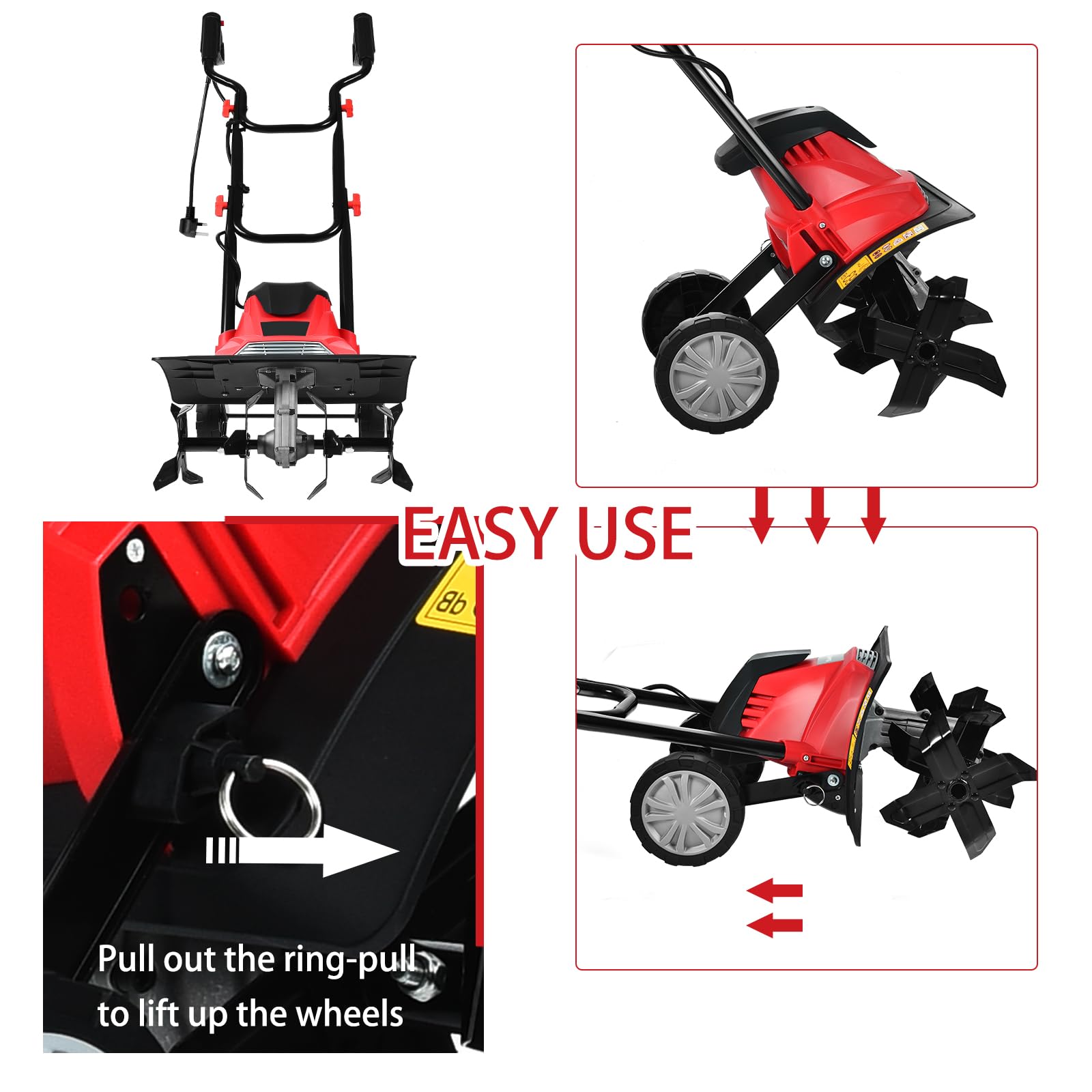 SOARS Motobinadora eléctrica 1500 W, ancho 35 cm, profundidad 22 cm, ruedas plegables y altura ajustable, diseño doble seguridad, motocultor eléctrico para invernadero, jardín, campo, patio trasero (4