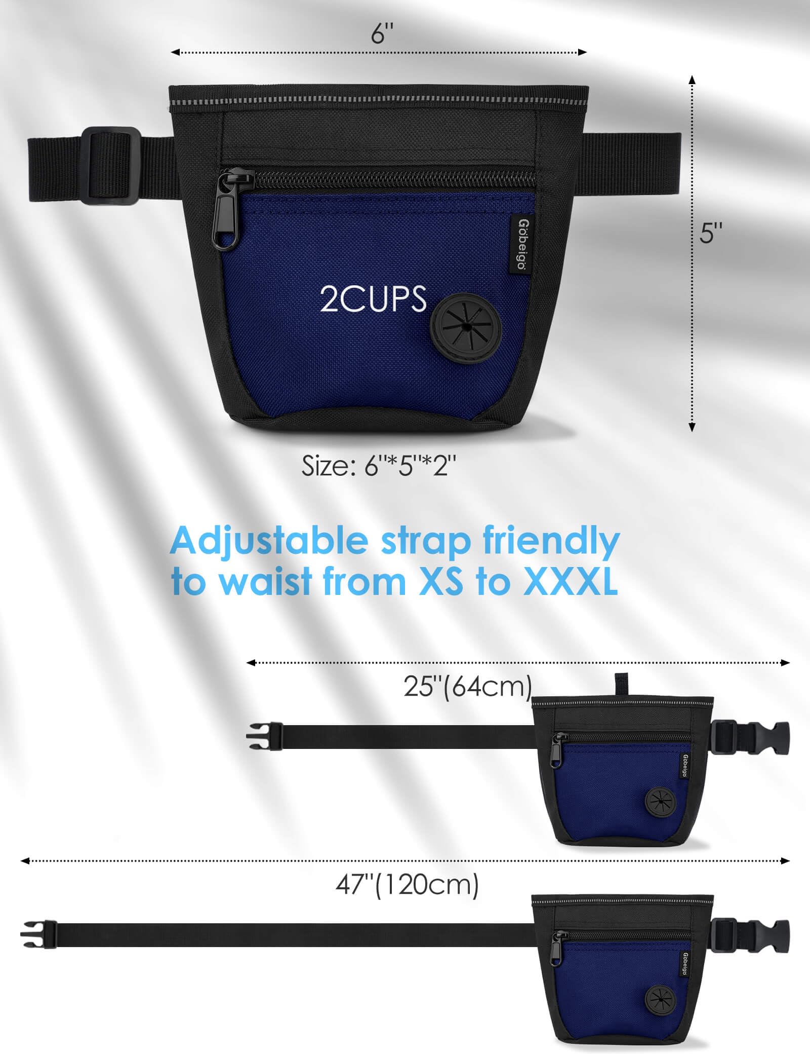 Gobeigo Pochette à friandises pour chien et clicker de dressage, deux fermetures magnétiques pour éviter les déversements, sac à friandises pour 2 tasses avec distributeur de sacs à déjections, clip