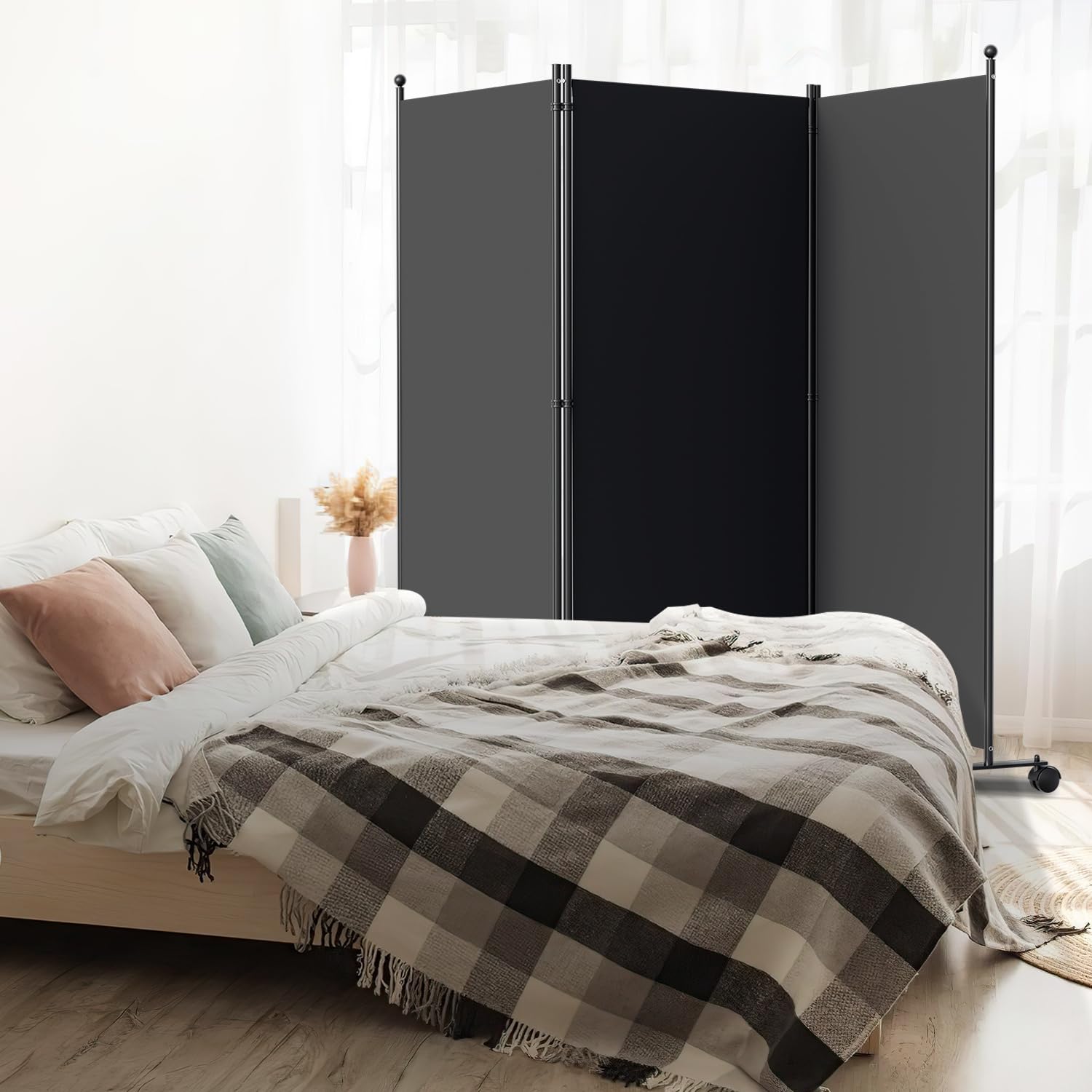 Paravent auf Rollen, flexibel 3 Teilig Privatschutz,263x181cm verstellbar Sichtschutz Stellwand Sichtschutz Windschutz, Raumtrenner für Garten, Badmöbel, Büros, Anthrazit