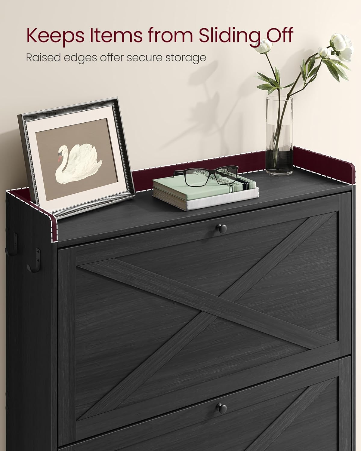 VASAGLE Shoe Storage Cabinet Organizer with 2 Flip Drawers, Freestanding Narrow Shoe Rack Cabinet for Entryway, Farmhouse Style, Fits 14 to 16 Pairs, Smoky Black UHSC203BJ01S